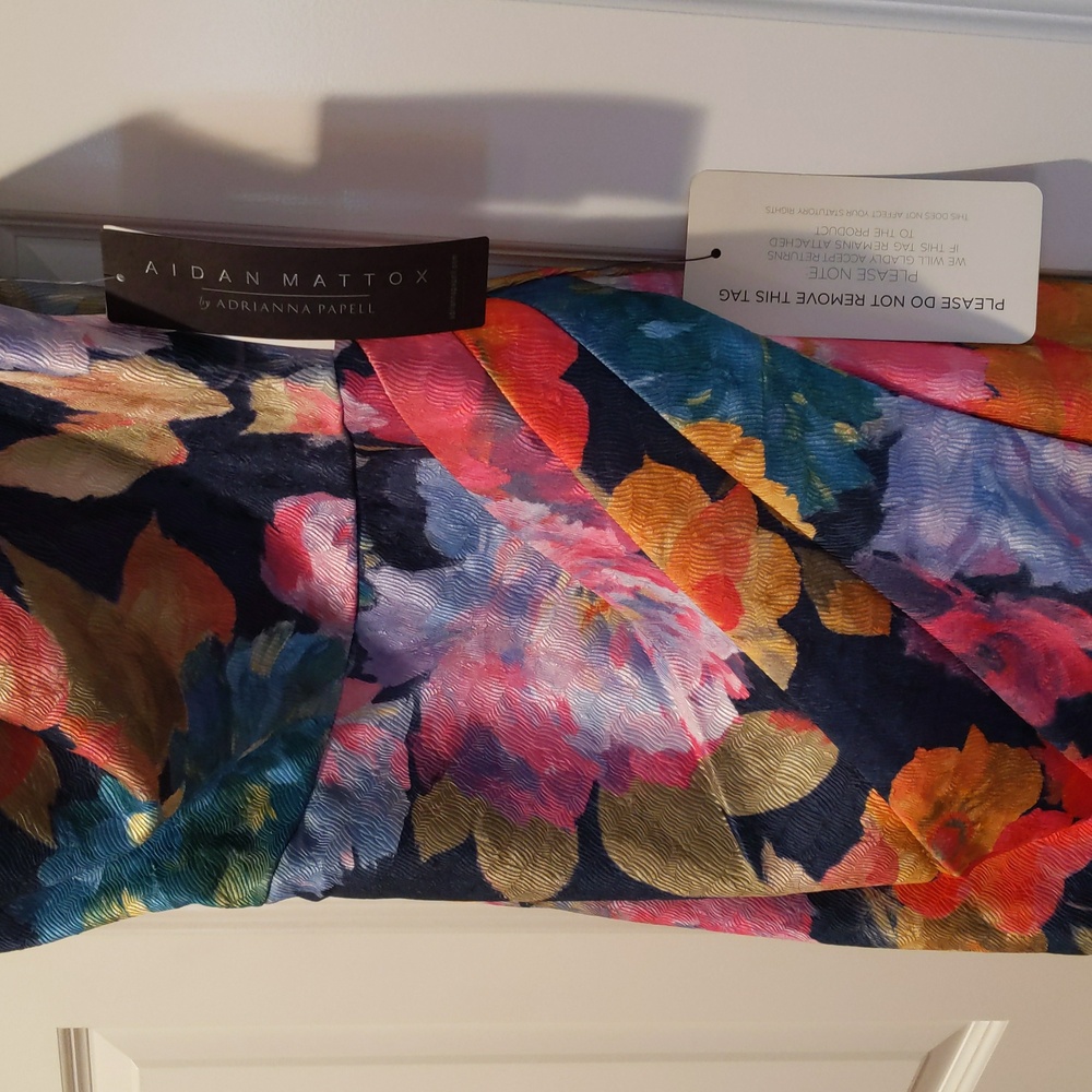 Aidan Mattox One Shoulder Draped Floral Gown With Thigh Slit In Navy Multi - Picture 9 of 14